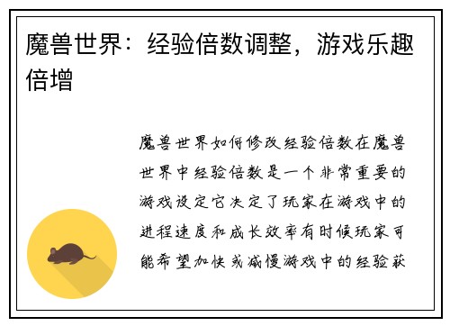 魔兽世界：经验倍数调整，游戏乐趣倍增