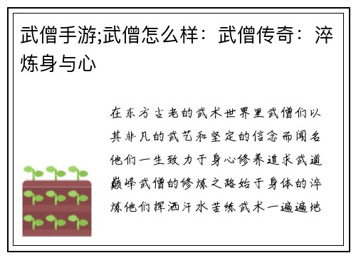 武僧手游;武僧怎么样：武僧传奇：淬炼身与心